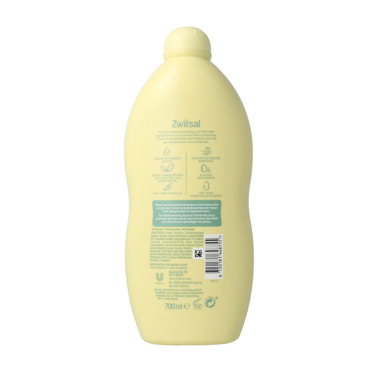 Baby and toddler Zwitsal shampoo bottle, 700ml size, with gentle baby care formula in a white and blue bottle.
