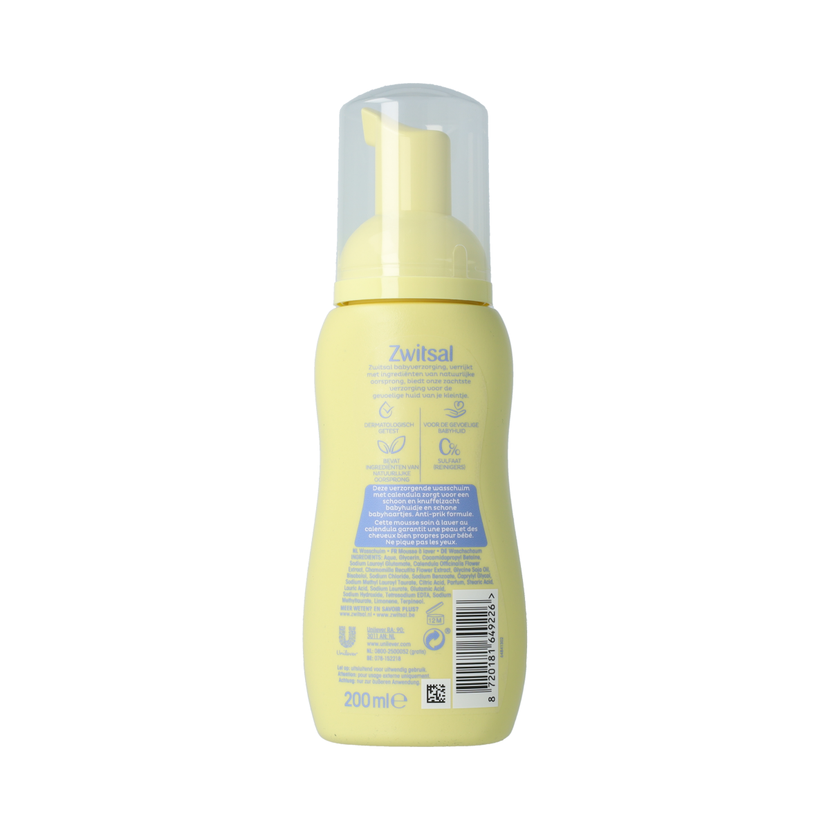 Baby and toddler care Zwitsal Wasschuim bottle, 200ml, with a pump dispenser and Zwitsal branding on the packaging.
