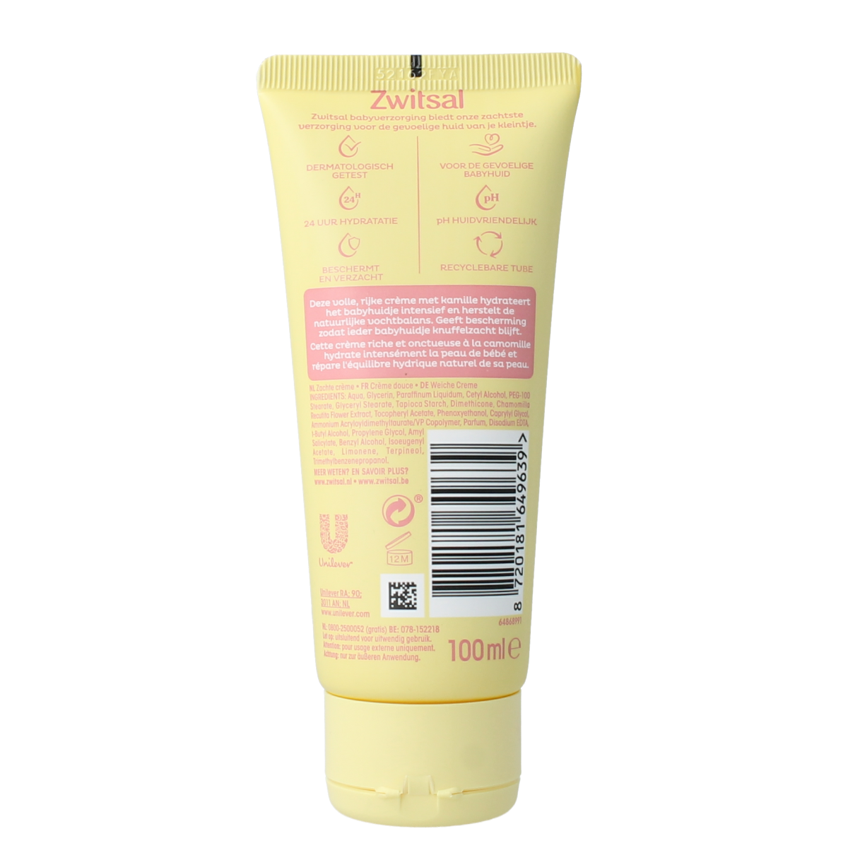 Zwitsal zachte babycrème in 100ml container, gentle moisturizer for delicate baby skin.