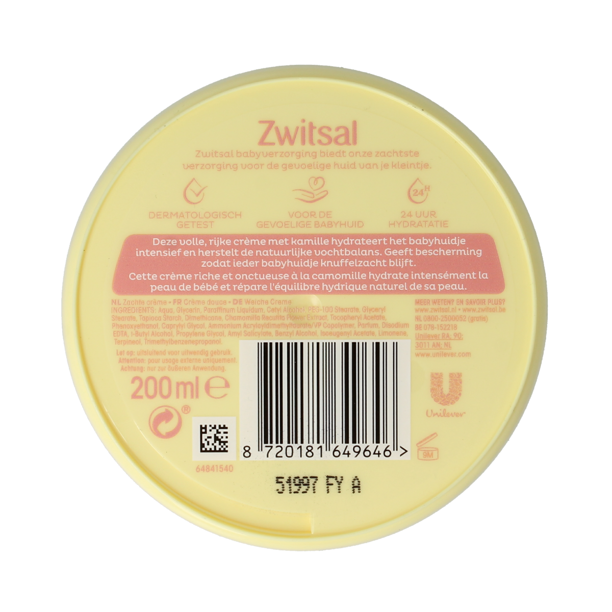 Zwitsal zachte baby crème in 200ml pot, gentle skincare for babies and toddlers, soft cream with soothing ingredients.