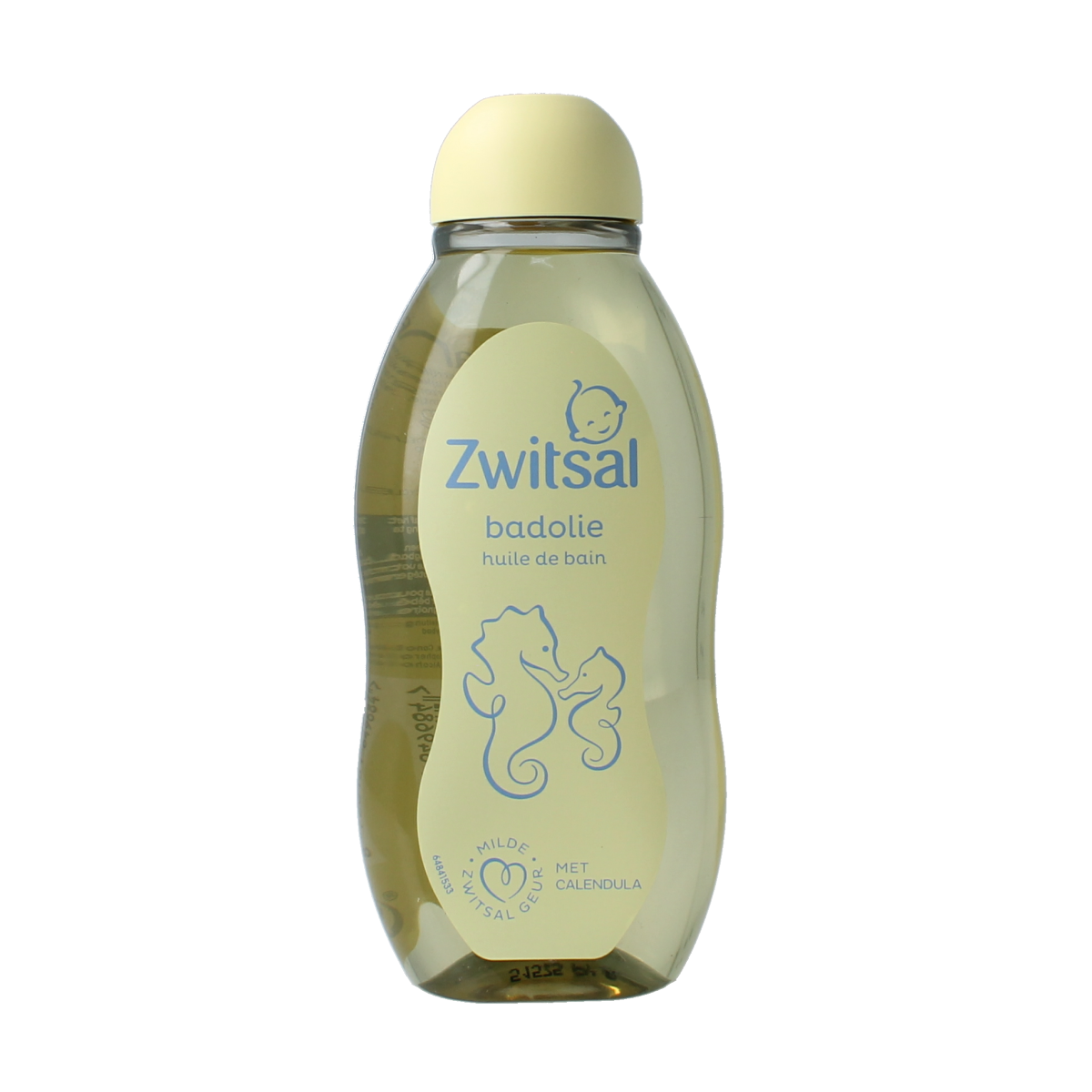 Zwitsal baby and toddler care bath oil bottle, 200ml, with soft yellow label and cap, suitable for gentle skin cleansing.