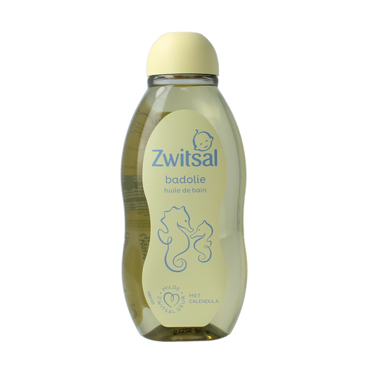 Zwitsal baby and toddler care bath oil bottle, 200ml, with soft yellow label and cap, suitable for gentle skin cleansing.