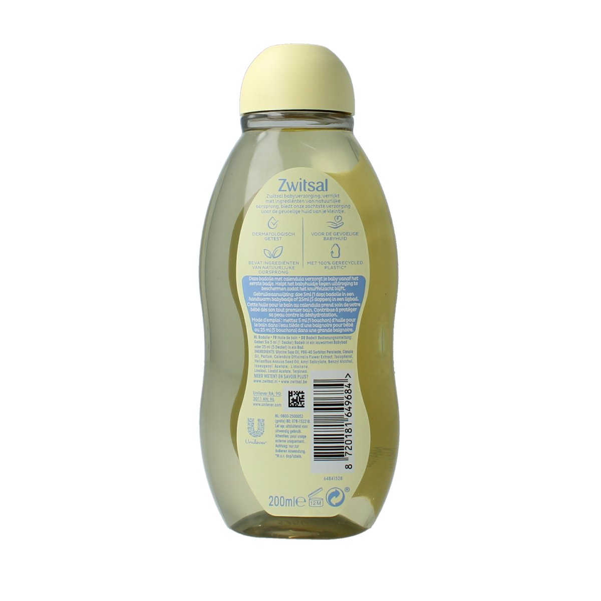 Zwitsal baby and toddler care bath oil bottle, 200ml, with a clear label and blue cap, designed for gentle skin care.