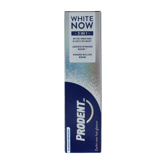 Prodent 3-in-1 whitening toothpaste in 75ml tube, showcasing the white packaging and product branding.