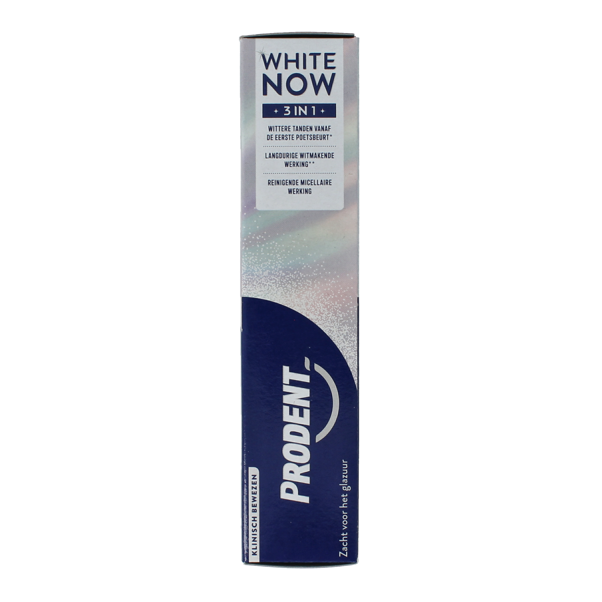 Prodent White Now 3-in-1 toothpaste tube, 75ml, featuring a white and blue packaging with a flip-top cap.