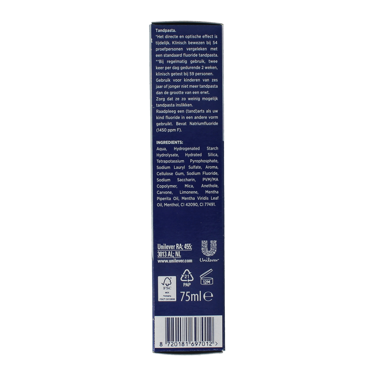 Prodent 3-in-1 whitening toothpaste in a 75ml tube, featuring a clean, white design and the barcode 8720181697012.