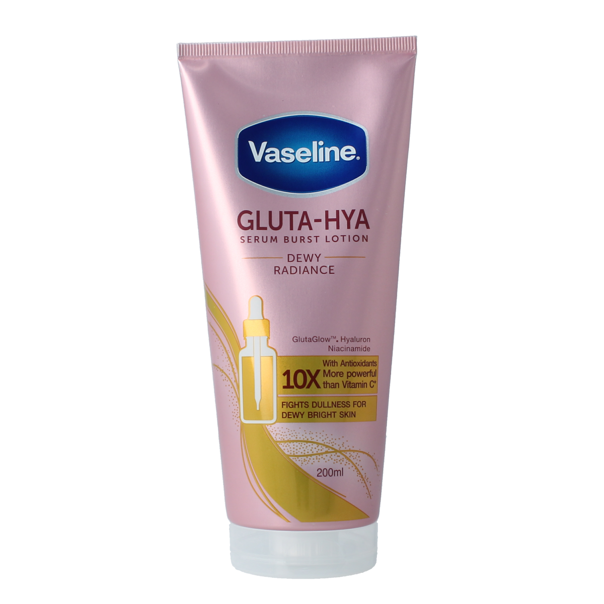 Vaseline Gluta-Hya Dewy Radiance body moisturizer in 200ml bottle, hydrating skin with a radiant glow.