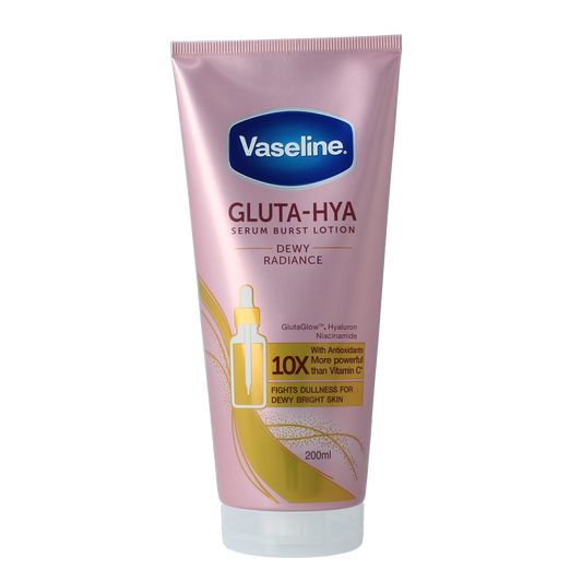 Vaseline Gluta-Hya Dewy Radiance body moisturizer in 200ml bottle, hydrating skin with a radiant glow.