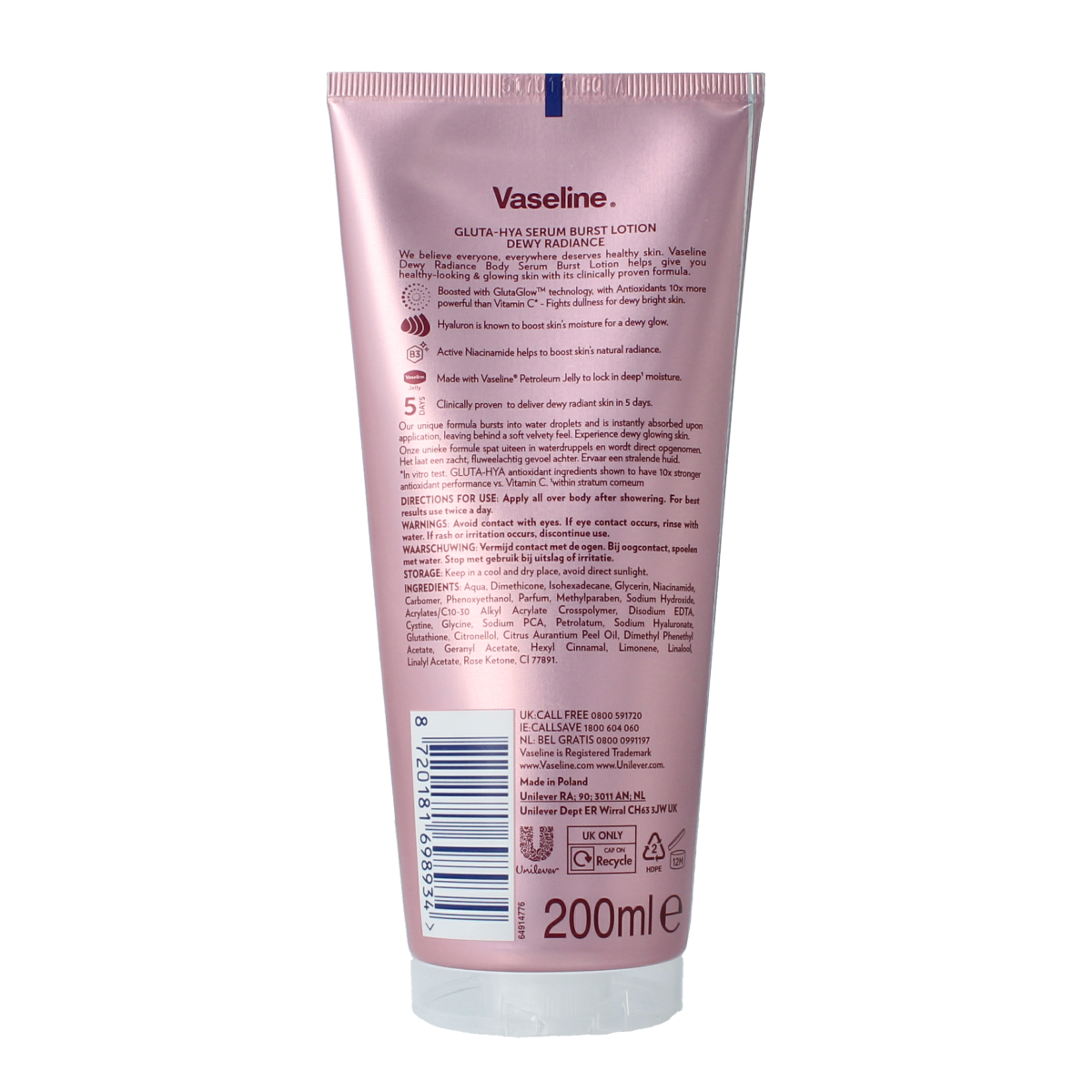 Vaseline Gluta-hya Dewy Radiance body lotion in a 200ml bottle, featuring a smooth, hydrating formula for radiant skin.