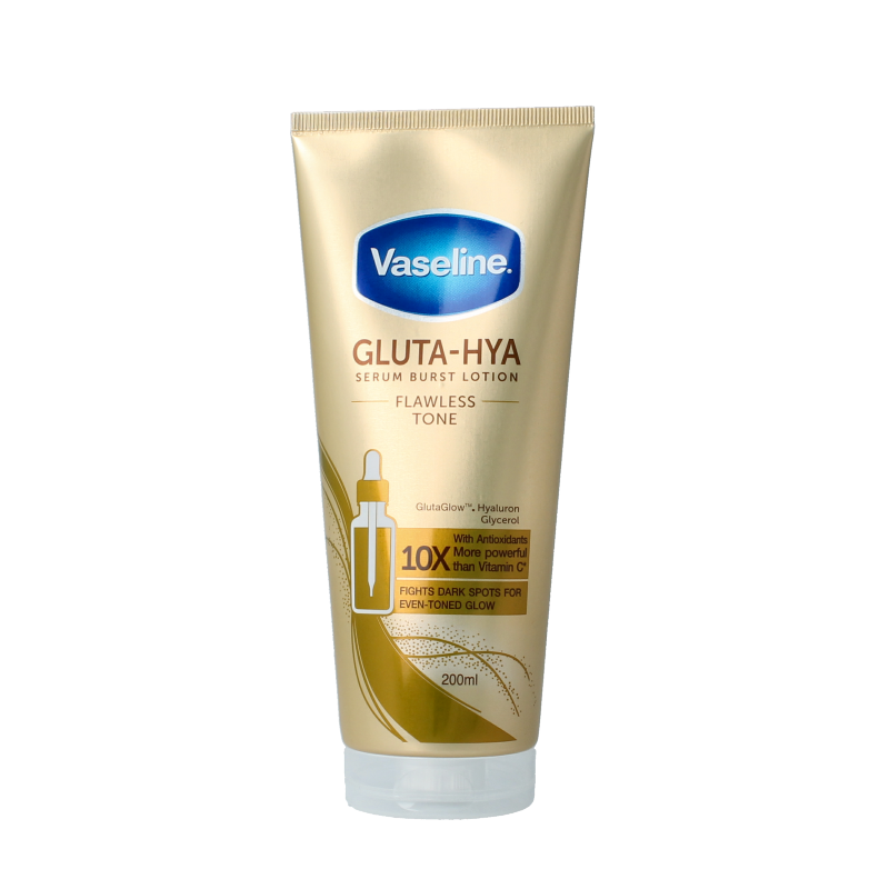 Vaseline Gluta-hya Flawless Glow body lotion, 200ml, moisturizing skincare product with brightening ingredients.