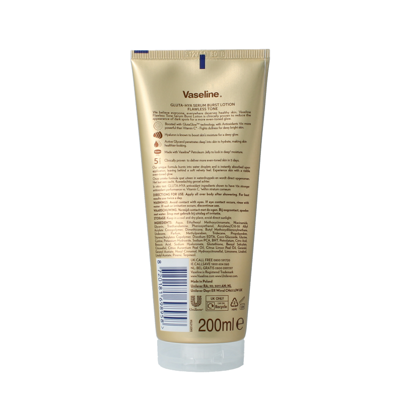 Vaseline Gluta-hya Flawless Glow body lotion 200ml, moisturizing body care with glowing skin effect, in a white bottle.
