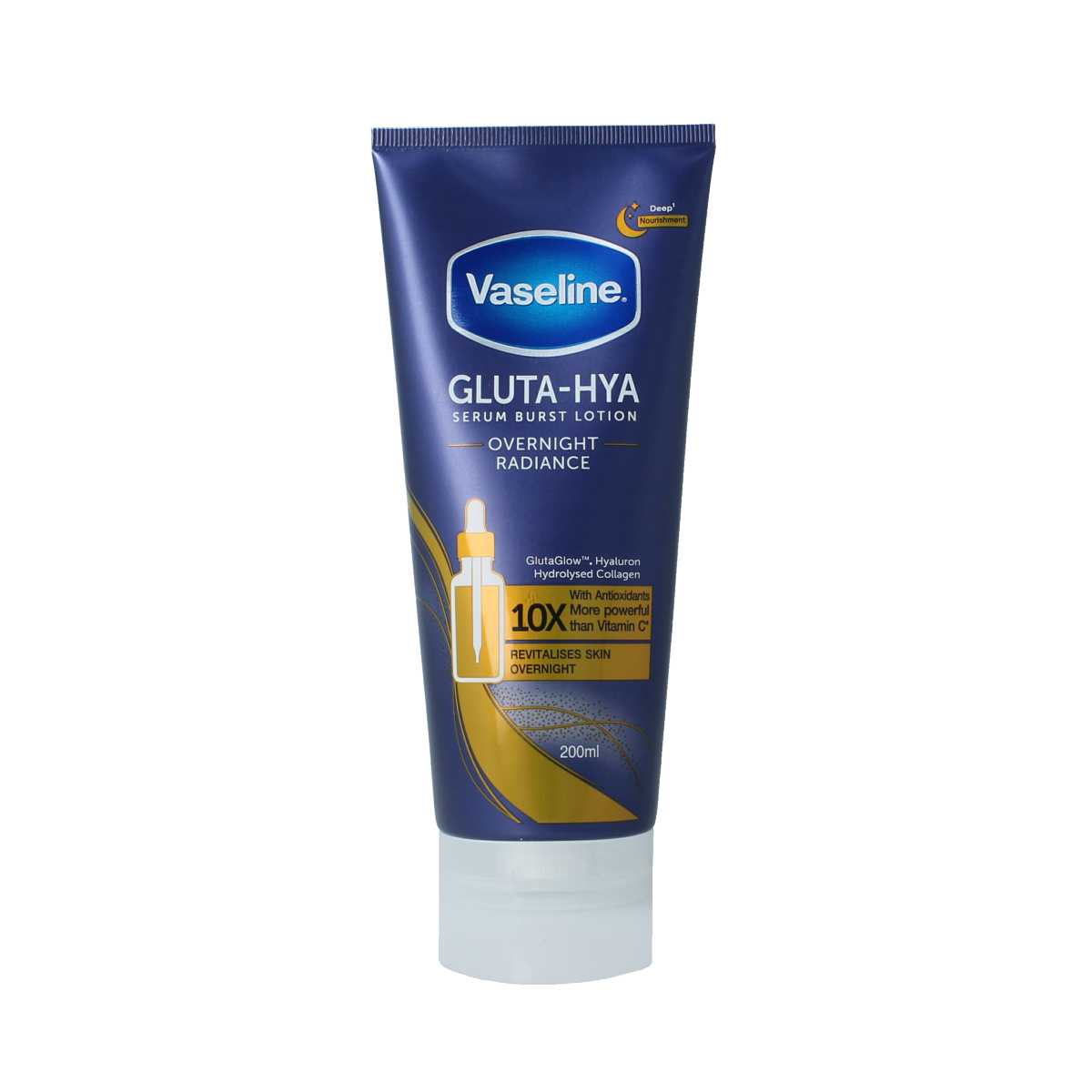 Vaseline Gluta-hya overnight radiance serum lotion 200ml bottle for body care with hydrating and brightening formula.