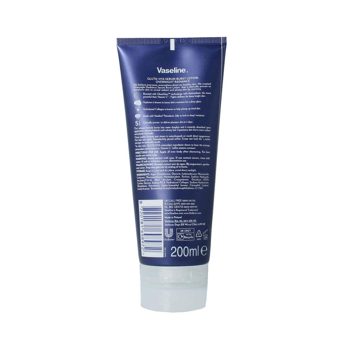 Vaseline Gluta-hya overnight radiance serum lotion 200ml body care product with a sleek bottle and label detail