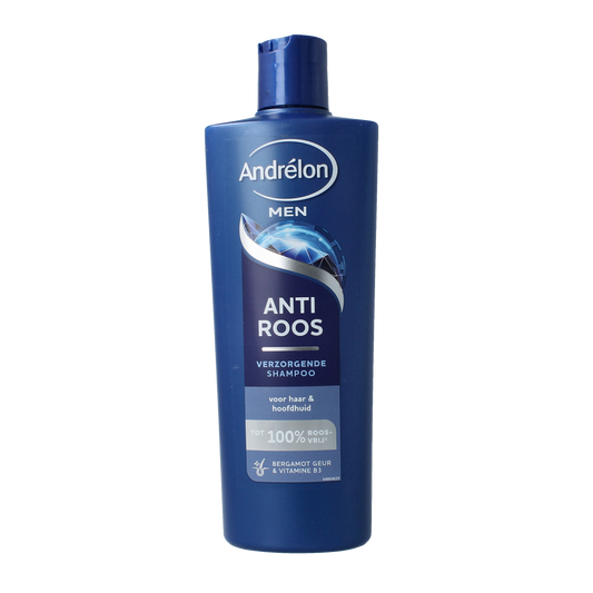 Andrelon Men anti-dandruff shampoo bottle, 400ml, for men's hair care with dandruff control, featuring a white and blue label.