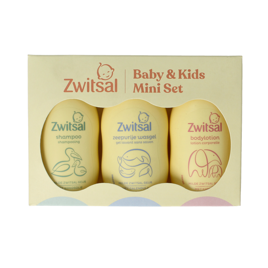 Zwitsal Baby & Kids mini gift set with baby care products, including shampoo, lotion, and wash for infants and toddlers.