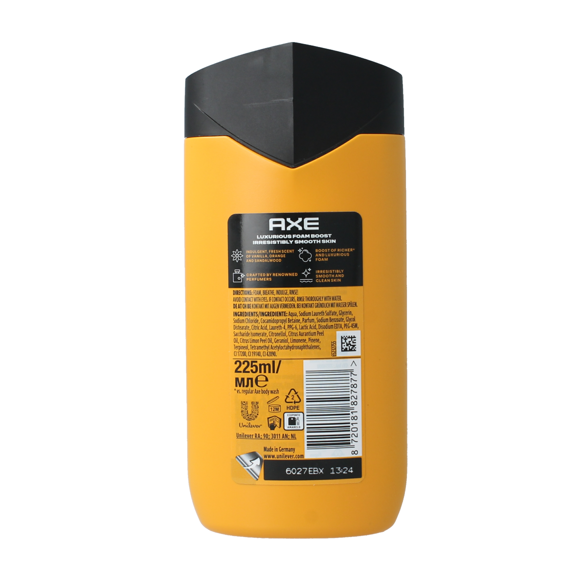 AXE Axe Fine Fragrance Black Vanilla shower gel bottle, 225ml, with black and vanilla-themed packaging.