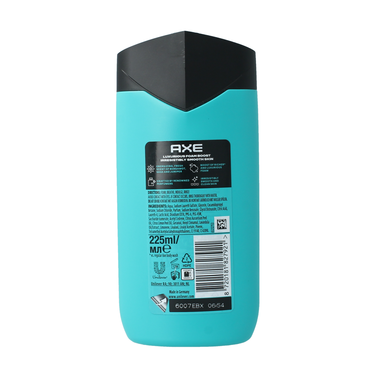 AXE Axe Fine Fragrance Aqua Bergamot shower gel in 225ml bottle, with blue and white packaging and brand logo visible.