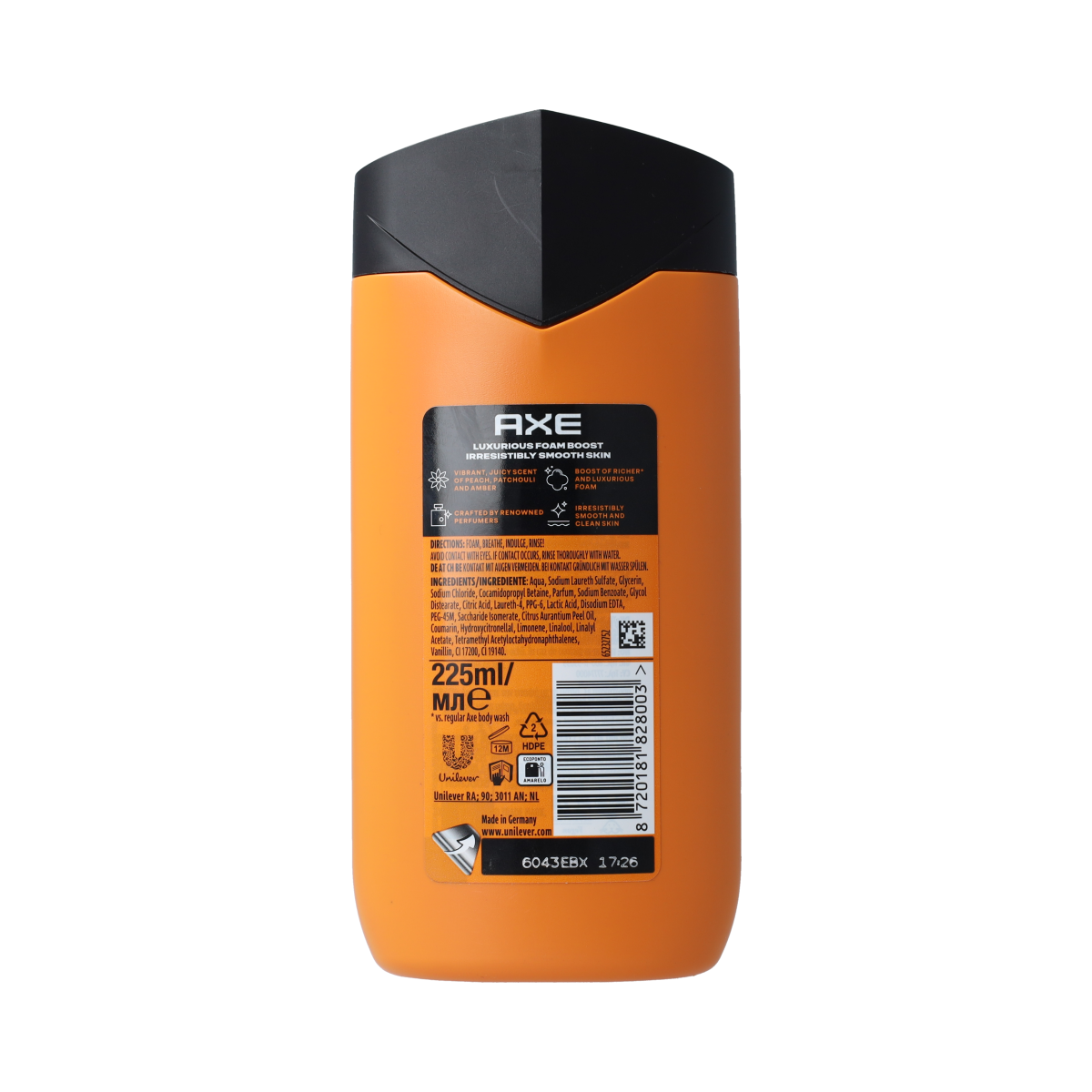 AXE Peach Infusion shower gel in 225ml bottle, featuring a peach-scented formula for refreshing bath and shower use.