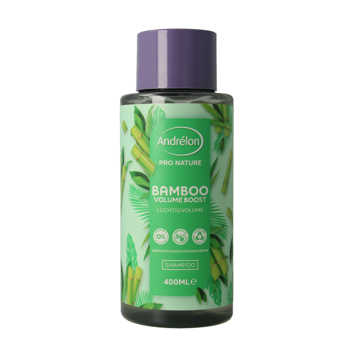 Andrelon Shampoo Pro Nature Volume Boost, 400ml bottle, natural hair care product for added volume and shine.