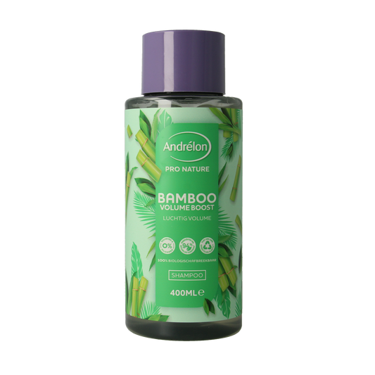 Andrelon Shampoo Pro Nature Volume Boost, 400ml bottle, natural hair care product for added volume and shine.