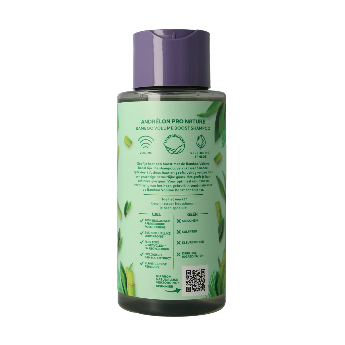 Andrelon Shampoo Pro Nature Volume Boost, 400ml, hair care product with natural ingredients for added volume and thickness.