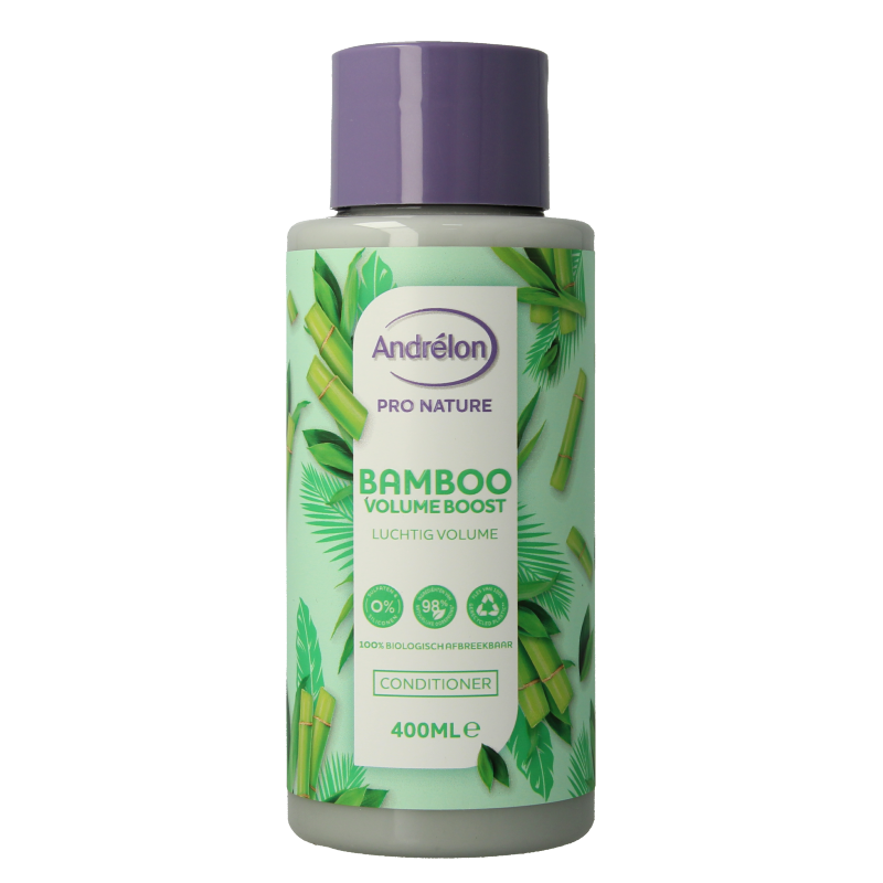Andrelon Pro Nature bamboo volume boost conditioner bottle for hair care, 400ml, with natural bamboo extract visible on the label