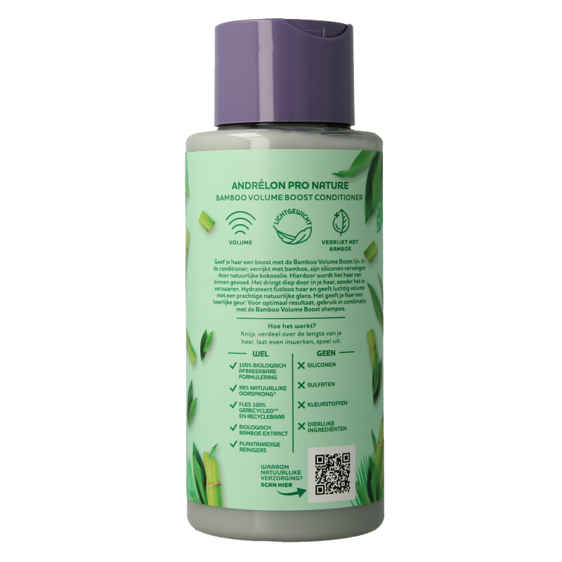 Andrelon Conditioner Pro Nature Bamboo Volume Boost 400ml, hydrating hair care product with bamboo extract for added volume.