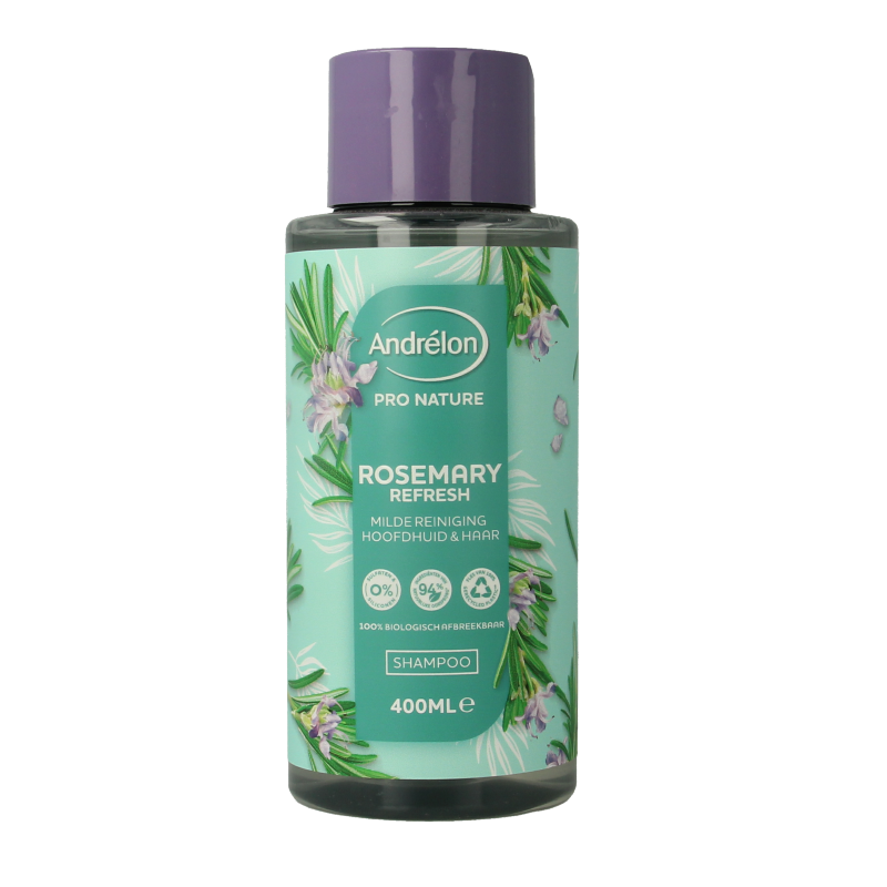 Andrelon Rosemary Refresh Shampoo for hair care, 400ml bottle with natural rosemary extract and refreshing formula.