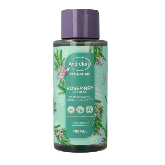 Andrelon Rosemary Refresh Shampoo for hair care, 400ml bottle with natural rosemary extract and refreshing formula.