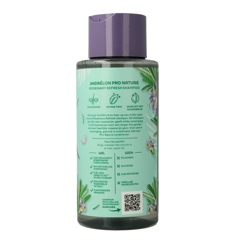 Andrelon Shampoo Pro Nature Rosemary Refresh 400ml bottle, showcasing herbal hair care for revitalizing and nourishing hair.