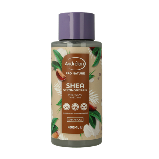 Andrelon Pro Nature Shea SOS Repair Shampoo bottle, 400ml, for damaged hair, with natural ingredients and nourishing formula.