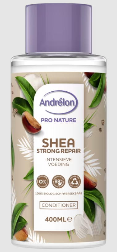 Andrelon Pro Nature Shea SOS Repair Conditioner for hair, 400ml, nourishing hair care product with shea butter.