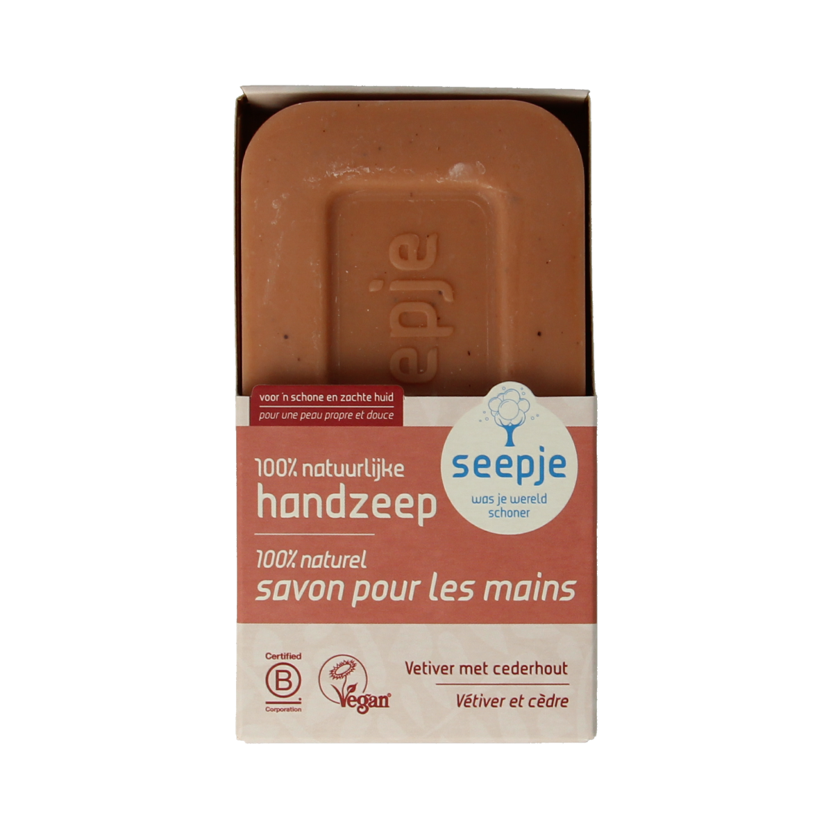 Seepje vetiver cedarwood hand and body soap bar, 120g, with natural ingredients and fragrant earthy scent.