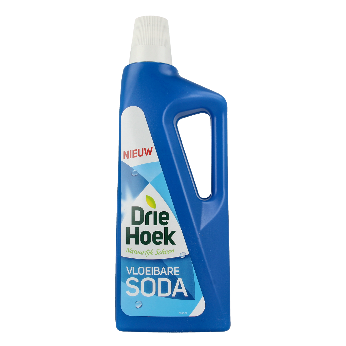 Driehoek vloeibare soda in 725 ml bottle, a cleaning product for household use, with a white and blue label.