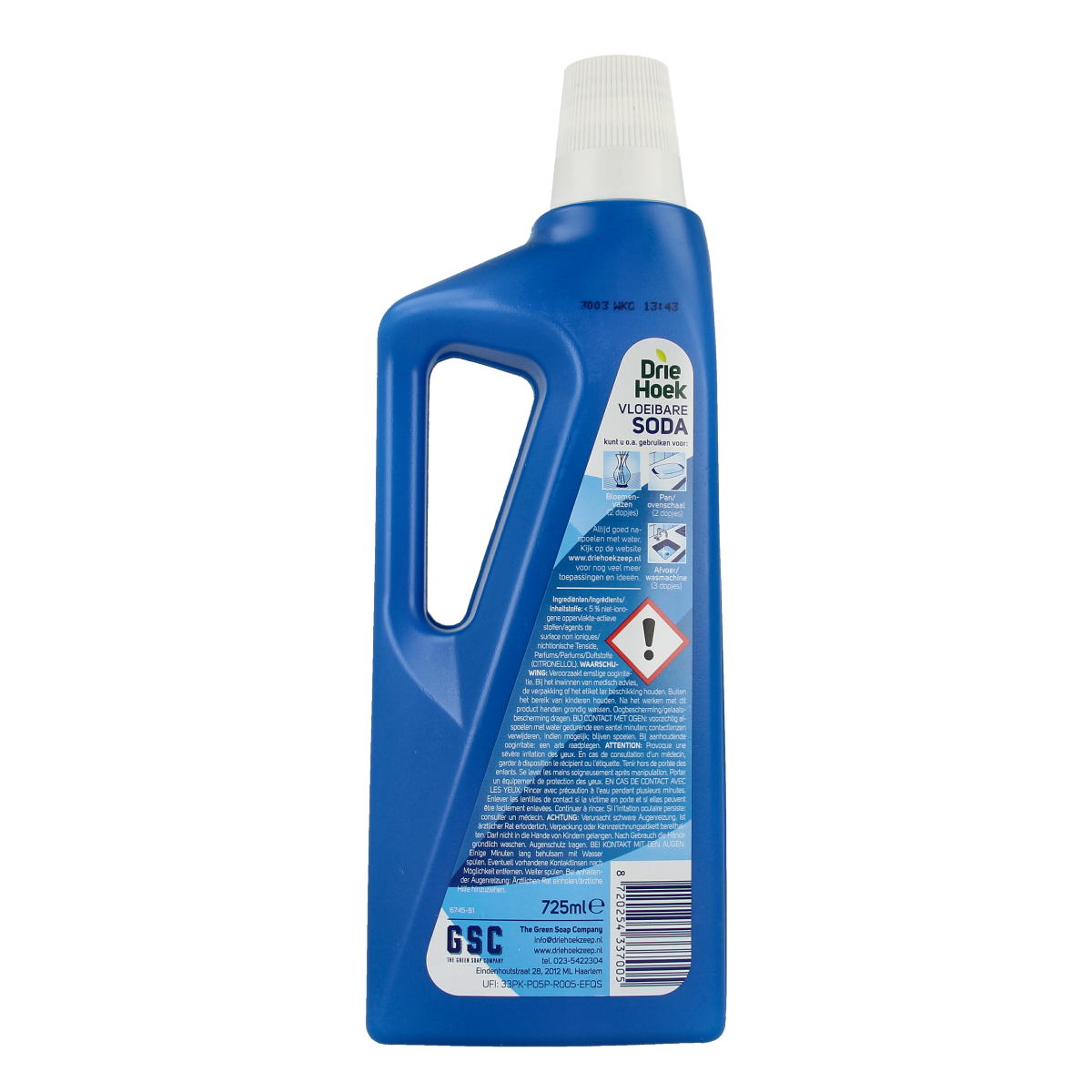 Driehoek vloeibare soda in 725ml bottle, a cleaning product from Driehoek, shown in the image.