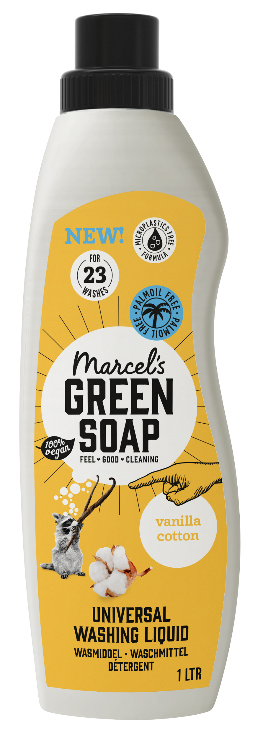 Marcel's Green Soap universeel wasmiddel in 1-liter bottle, vanilla and cotton scent, eco-friendly laundry detergent.