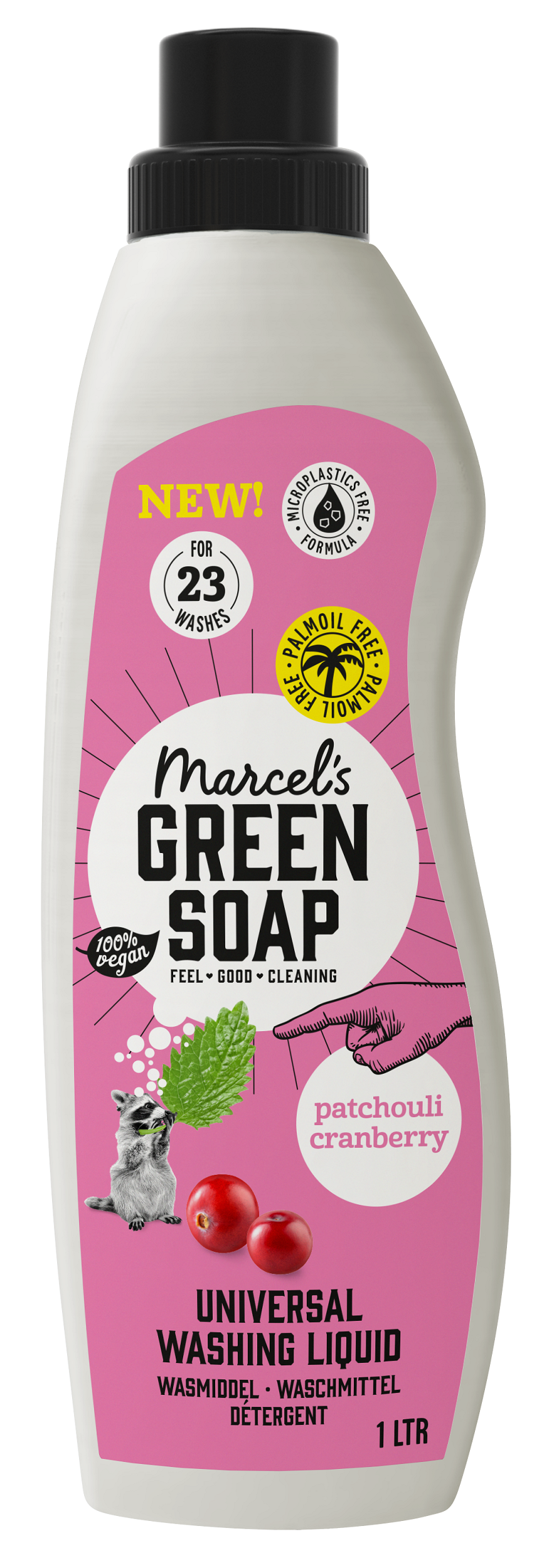 Marcel's Green Soap universeel Wasmiddel in 1L bottle with patchouli and cranberry scent, eco-friendly laundry detergent