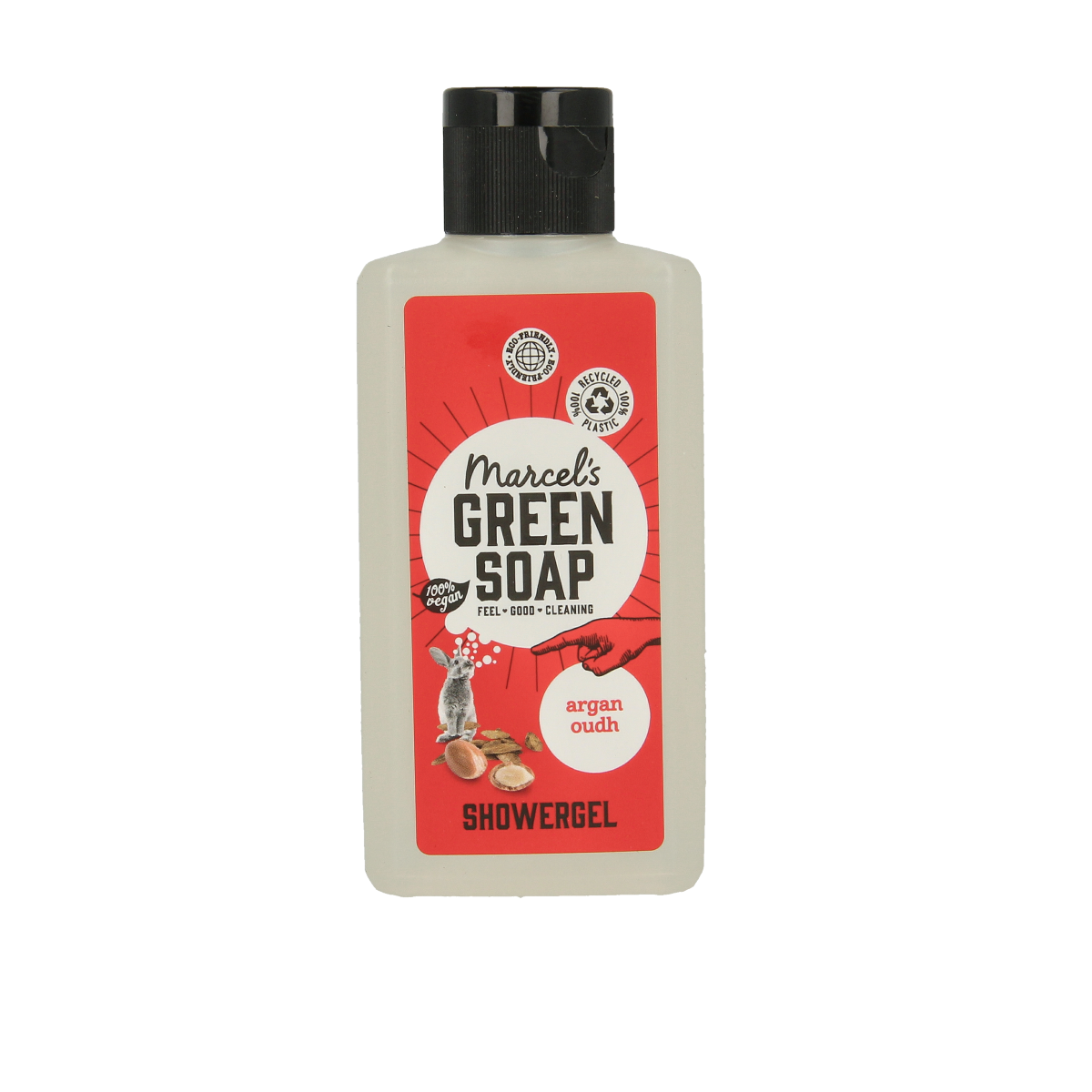 Mini Marcel's Green Soap shower gel with argan and oudh, 100ml, showcasing the elegant packaging and product details.