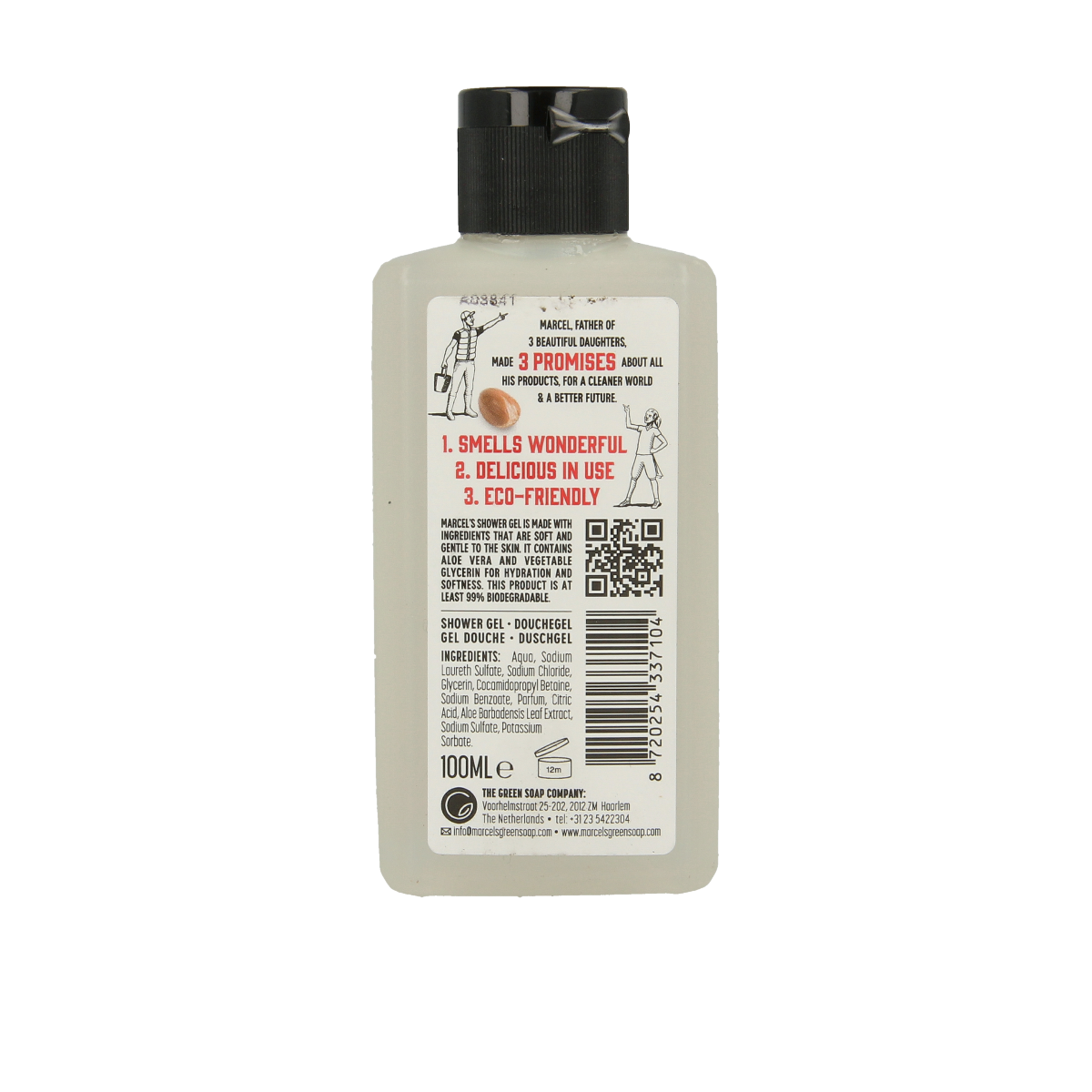 Mini Marcel's Green Soap shower gel with argan and oudh, 100ml body care product showing the bottle and packaging.