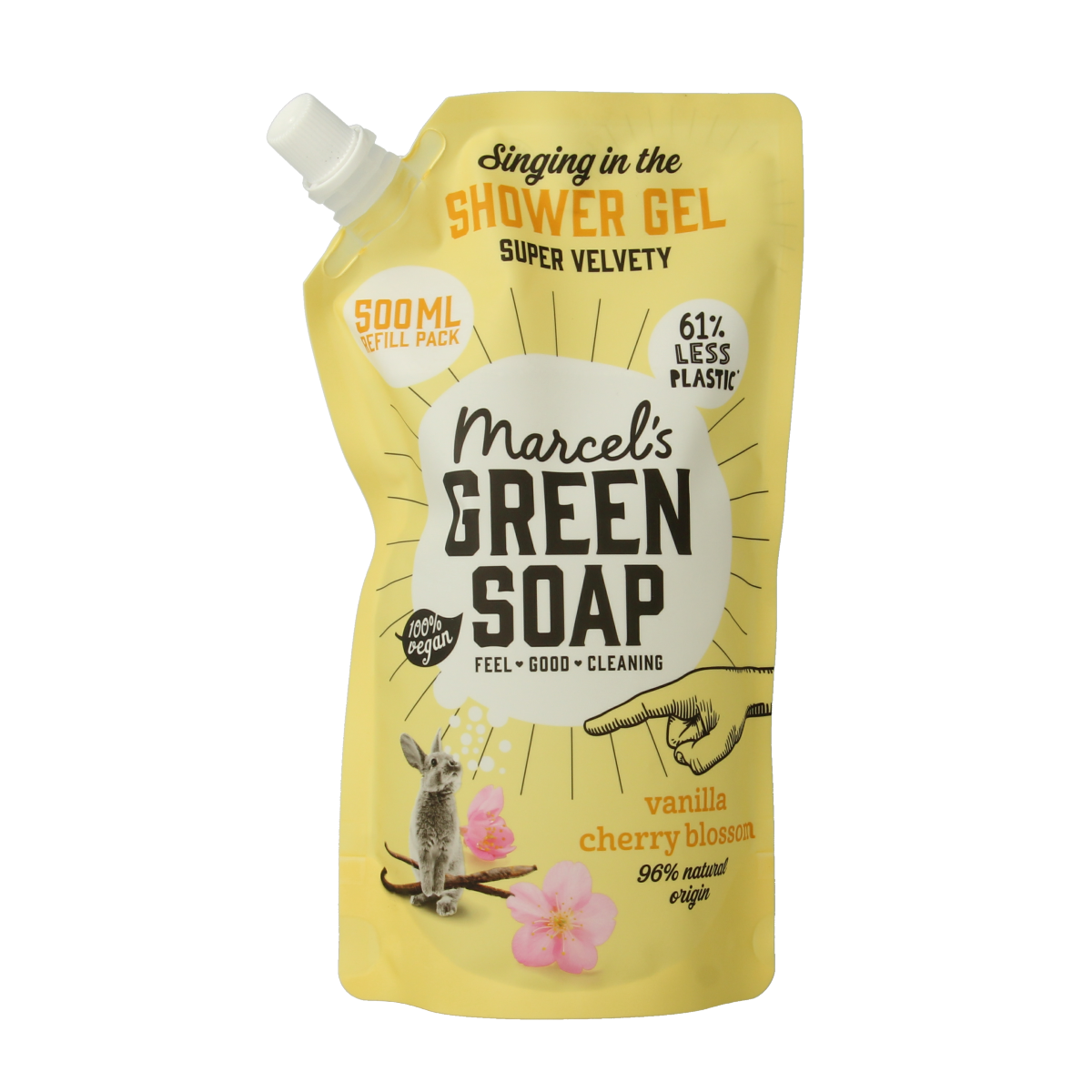 Marcel's Green Soap vanilla and cherry blossom shower gel refill 500ml, natural bath and shower product in a clear container.