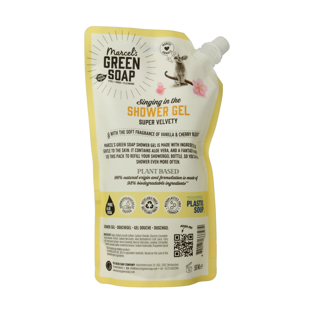 Marcel's Green Soap vanilla and cherry blossom shower gel refill bottle, 500ml, for bath and shower use.