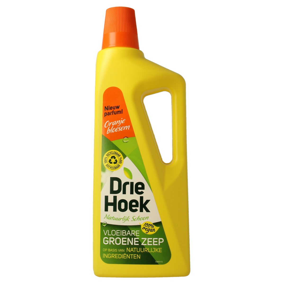 Driehoek vloeibare groene zeep met oranjebloesem, 725 ml, schoonmaakartikel in een transparante fles met oranjebloesem geur