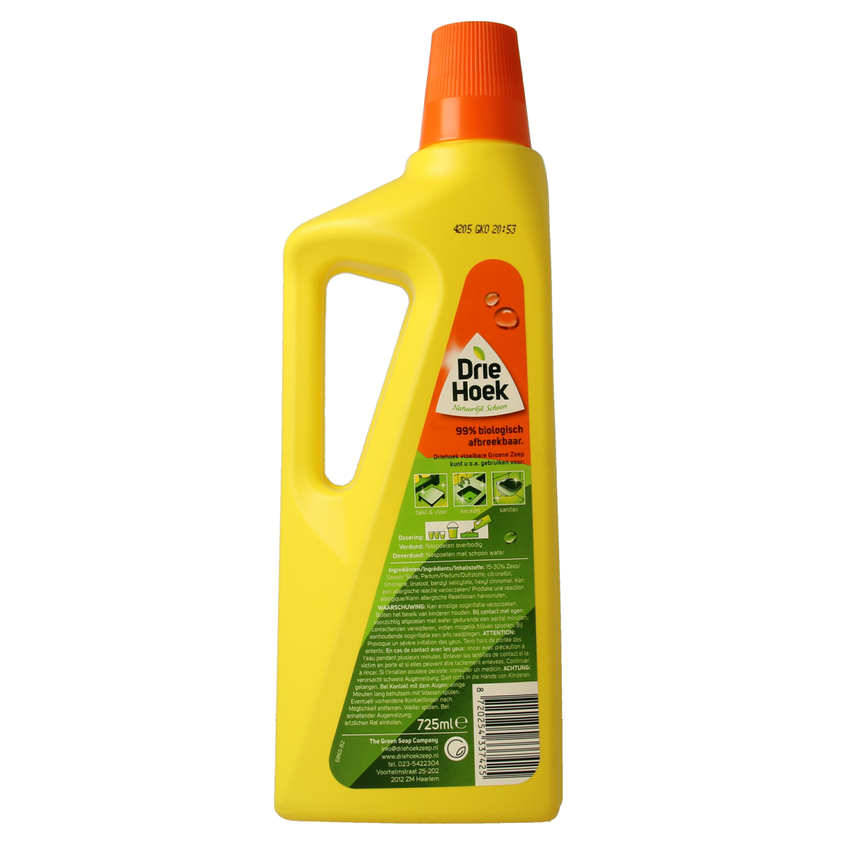 Driehoek vloeibare groene zeep oranjebloesem, 725 ml, in clear bottle with orange blossoms, ideal for household cleaning.