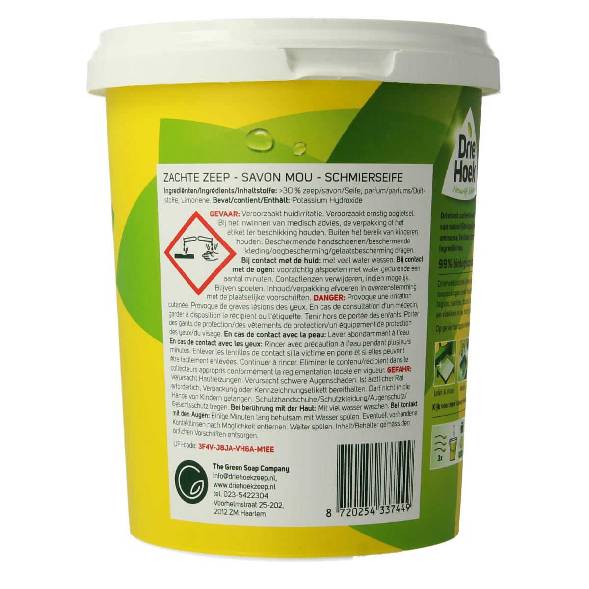 Driehoek Zachte Zeep 900g bottle, a cleaning soap product with a smooth design, used for household cleaning purposes.