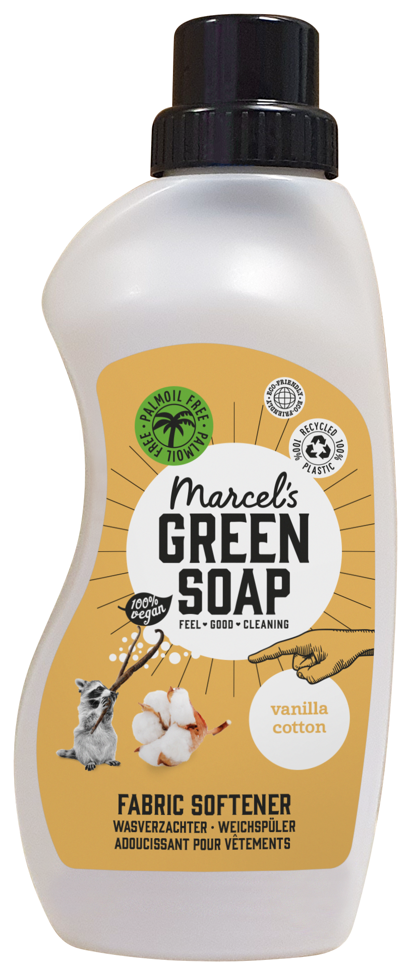 Marcel's Green Soap vanilla and cotton fabric softener in a 750ml bottle, gentle for clothing and linens.
