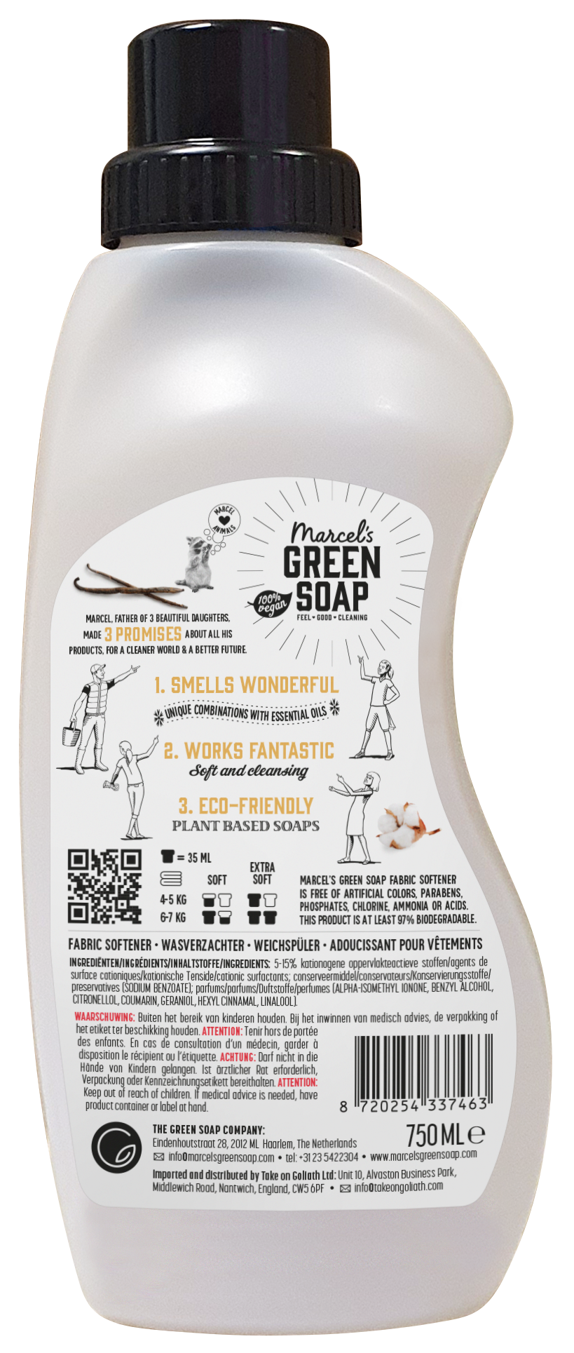 Marcel's Green Soap vanilla and cotton fabric softener in a 750ml bottle, part of the Wasmiddelen line, with a clean, fresh label.