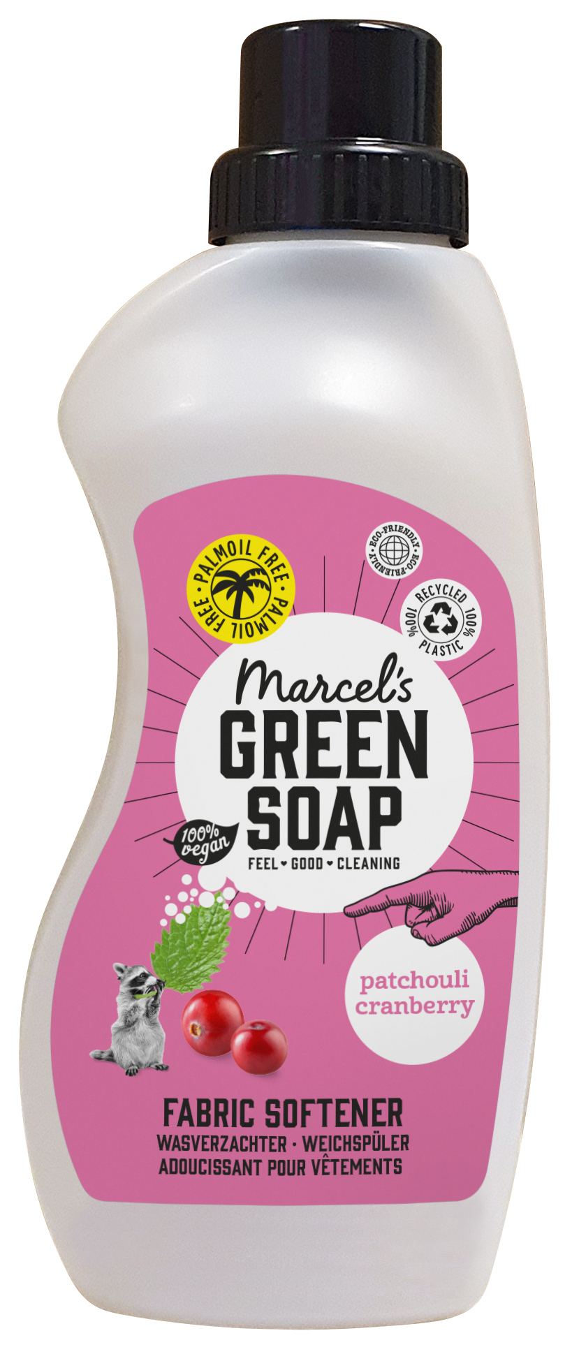 Marcel's Green Soap fabric softener patchouli and cranberry in 750ml bottle, showing the softener pour spout and label on the packaging.