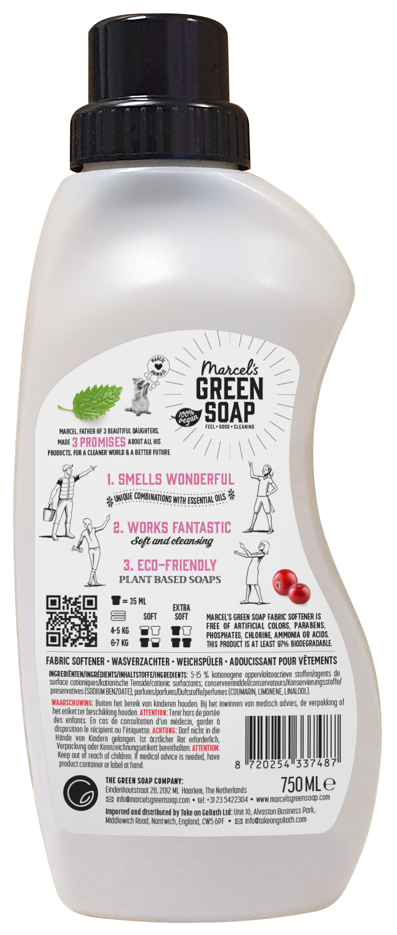 Marcel's Green Soap fabric softener patchouli and cranberry in a 750ml bottle, designed for gentle laundry care.