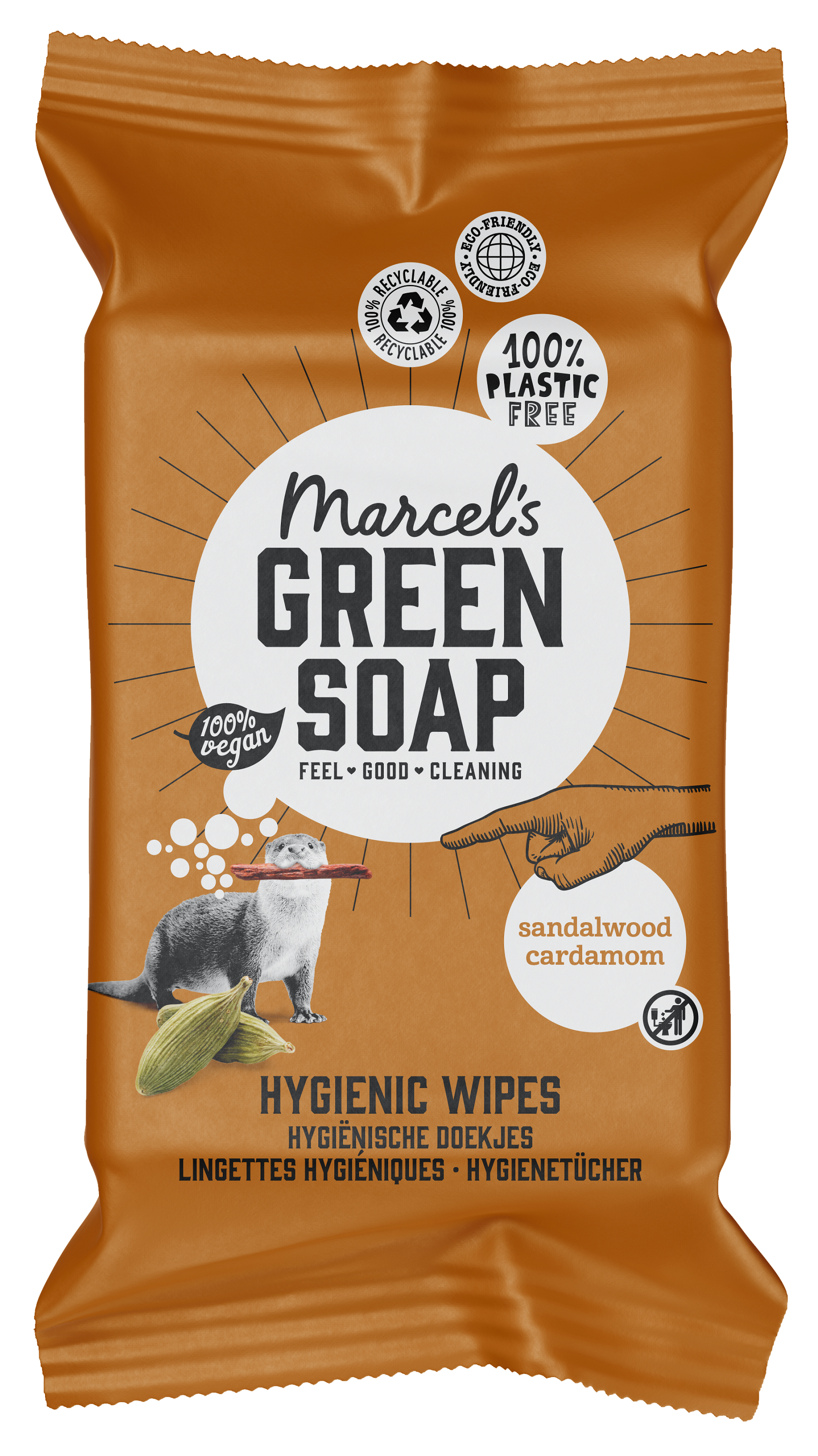Marcel's Green Soap cleansing wipes with sandalwood and cardamom, 60 pack, natural cleaning product for hands and surfaces