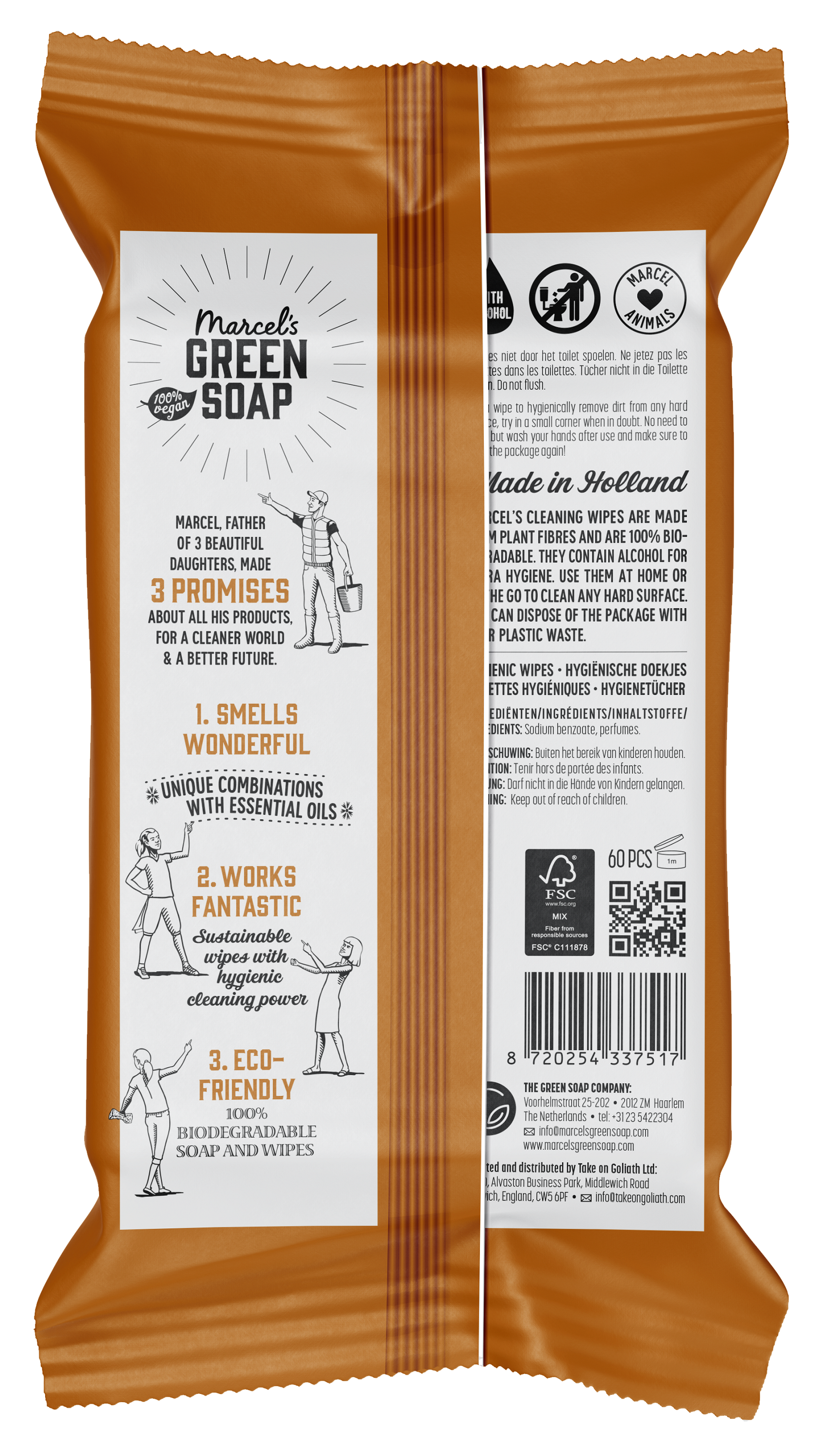 Marcel's Green Soap cleansing wipes with sandalwood and cardamom, 60-pack, in a resealable package.